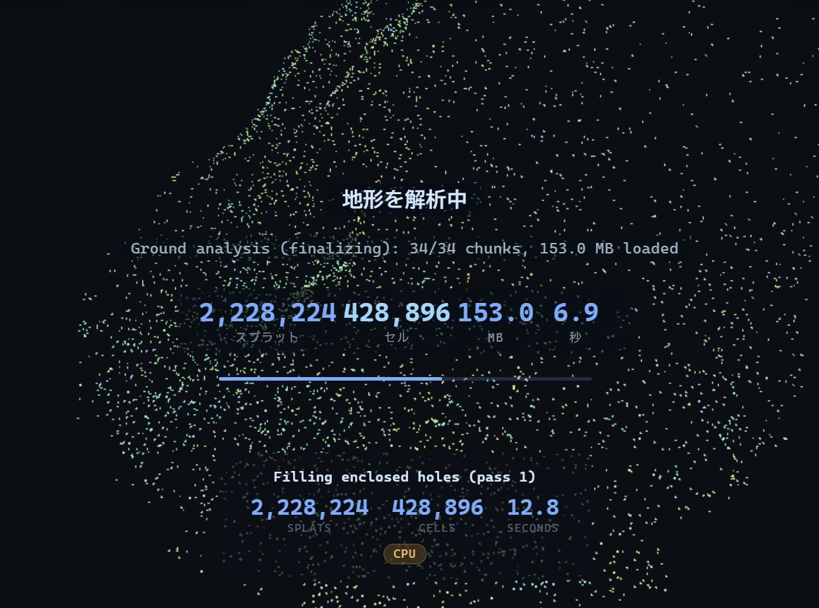 3DGS点群データの地形解析中の画面